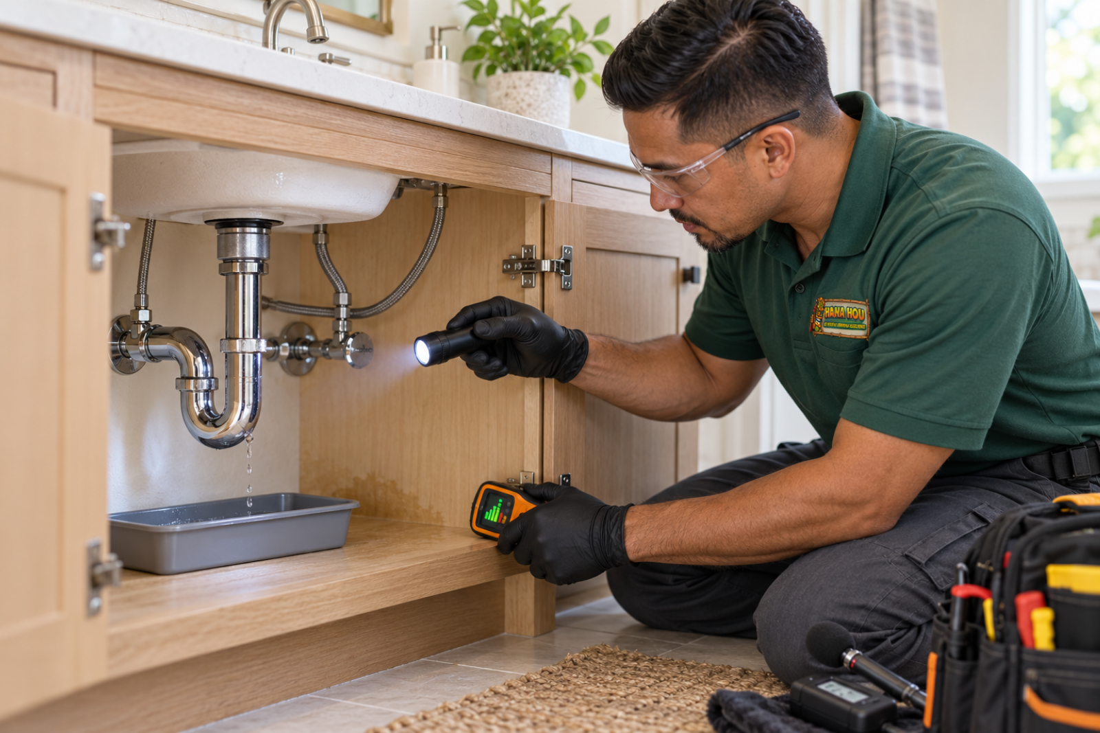 Hana Hou Home technician using professional leak detection equipment beneath a bathroom sink.