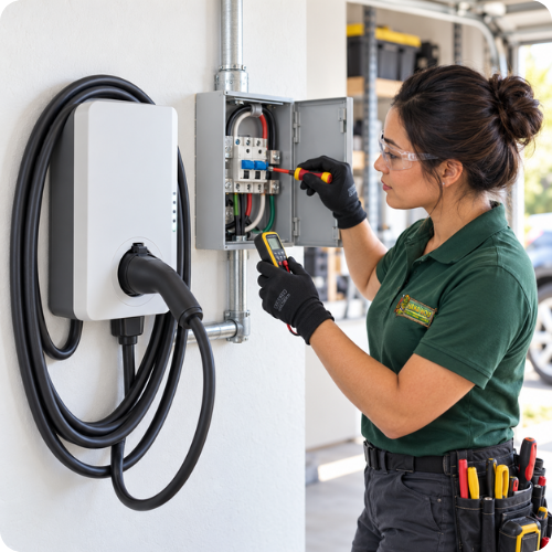 Hana Hou Home electrician completing a Level 2 charger installation in a residential garage.