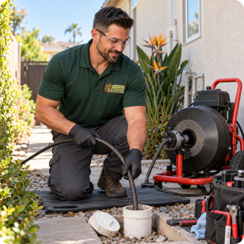 Hana Hou Home plumber using professional drain-cleaning equipment to clear a residential main sewer line in Orange County.