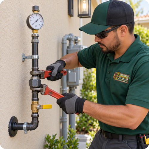 Hana Hou Home plumber pressure-testing and securing a new residential gas line installation.
