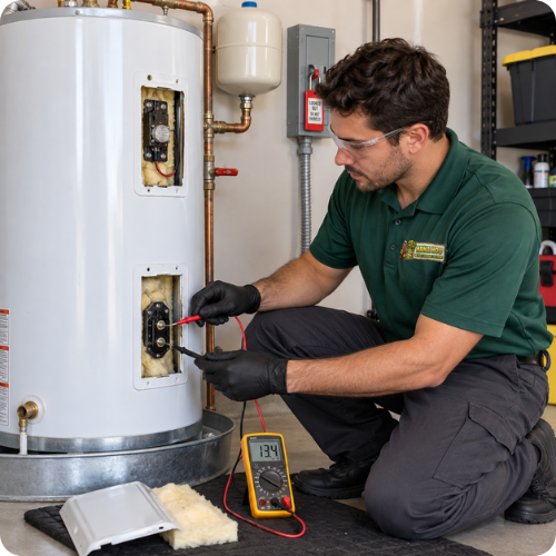 Hana Hou Home technician diagnosing a no-hot-water problem by testing an electric water heater.