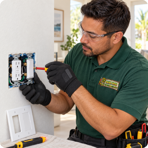 Hana Hou Home electrician installing a GFCI outlet and rocker switch in a Southern California home.