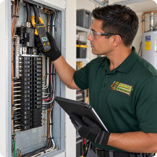 Hana Hou Home electrician checking residential electrical panel capacity with a clamp meter and tablet.