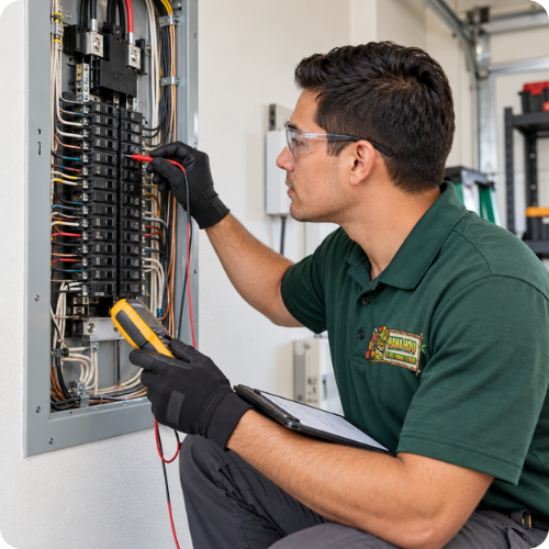 Hana Hou Home electrician testing a residential electrical panel during a professional safety inspection.