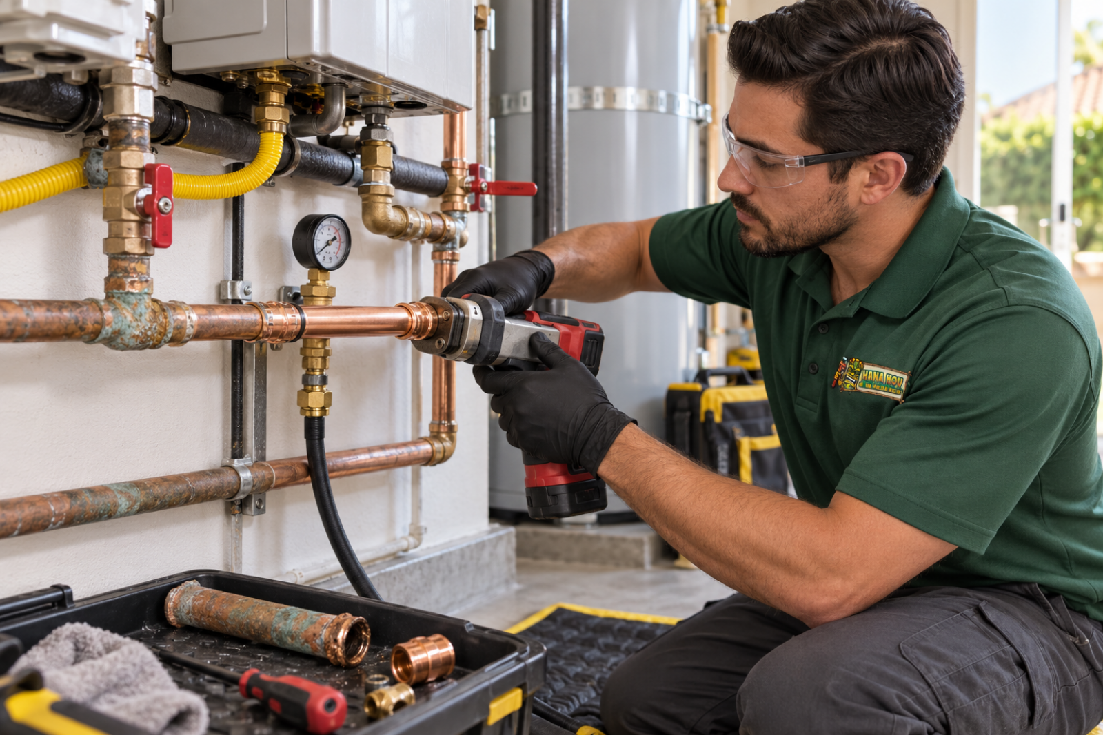 Hana Hou Home plumber replacing a corroded copper pipe using professional press-fit equipment.