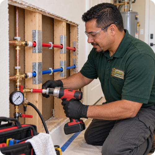 Hana Hou Home plumber installing and pressure-testing new hot and cold PEX water lines.