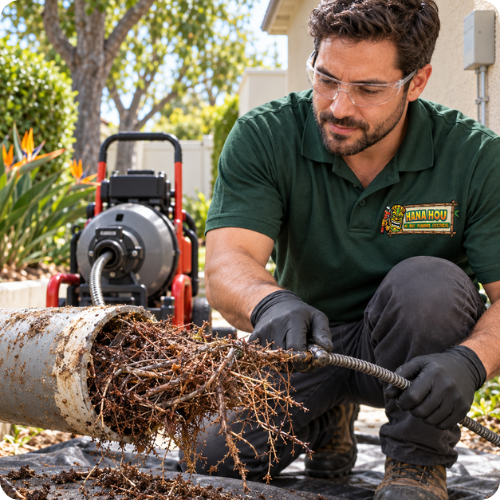 Hana Hou Home plumber removing dense tree roots from a residential sewer pipe using professional equipment.