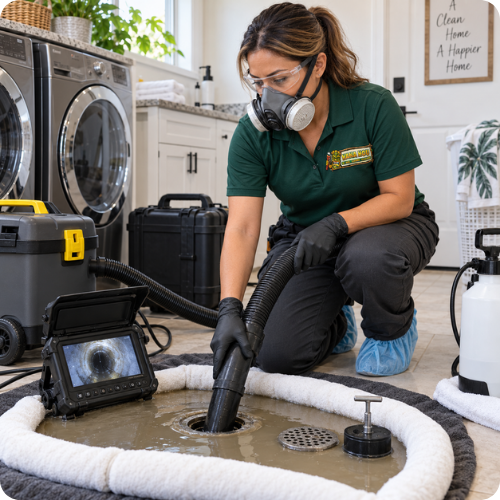 Hana Hou Home plumber extracting a contained sewage backup while inspecting the affected drain line.