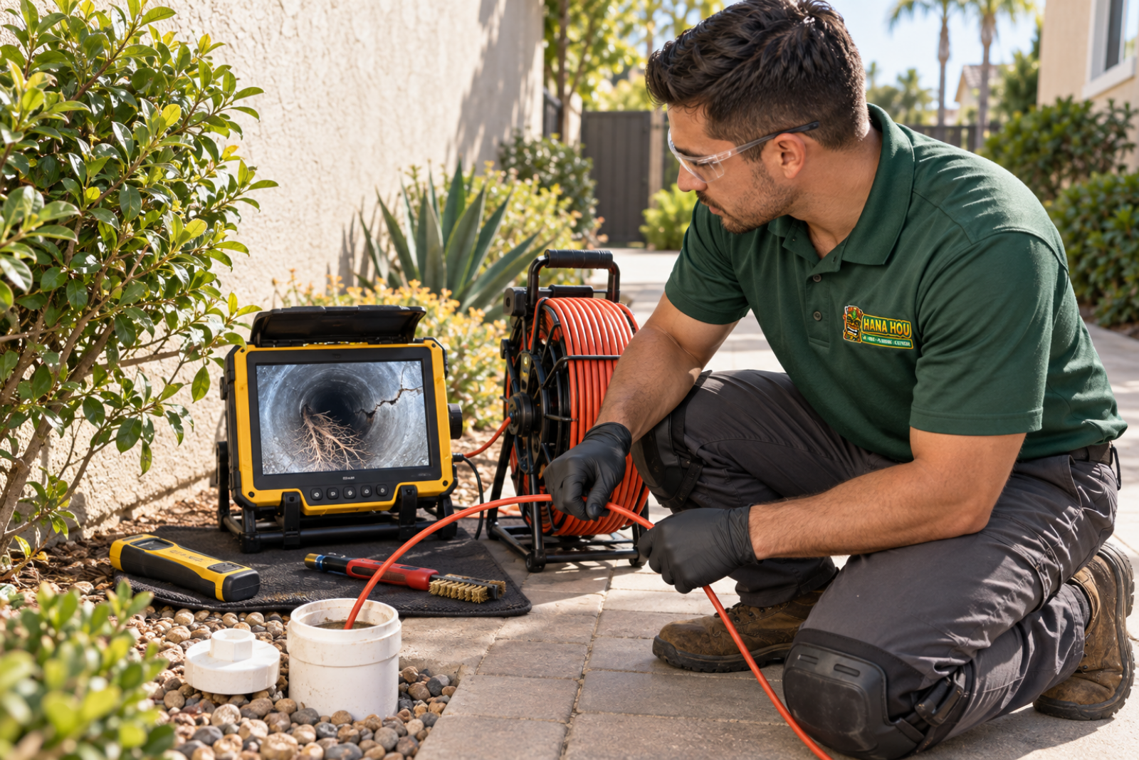 Hana Hou Home plumber inspecting a residential sewer line with a professional camera system.