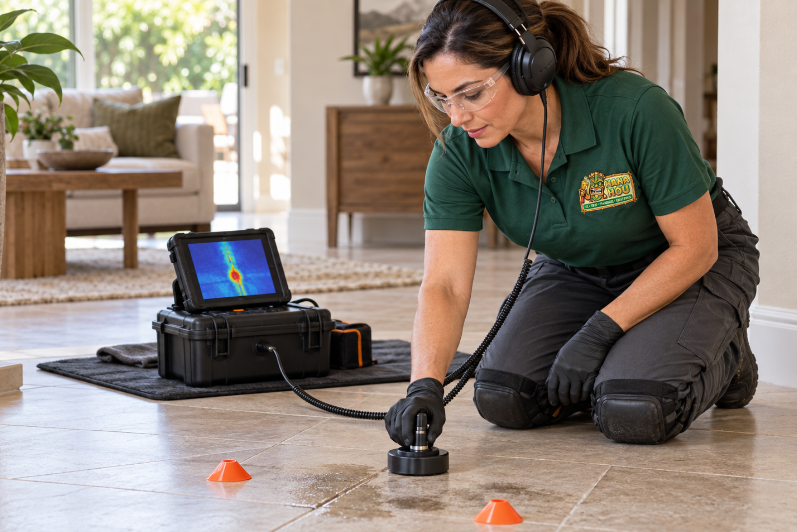 Hana Hou Home plumber using acoustic equipment to locate a hidden slab leak in an Orange County home.