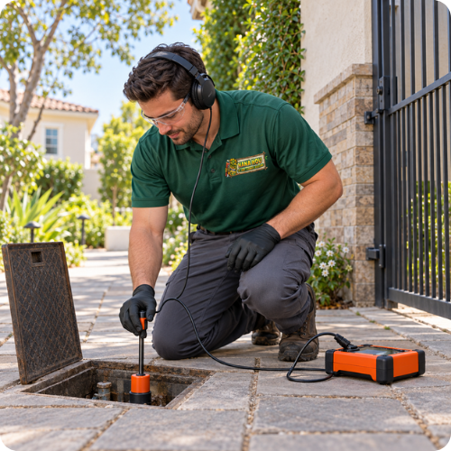 Hana Hou Home technician using acoustic equipment to inspect an underground slab leak at a residential property.