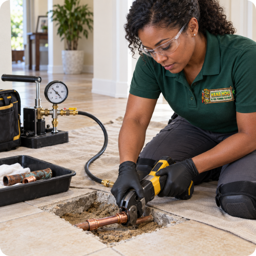 Hana Hou Home plumber completing and pressure-checking a targeted slab leak spot repair.