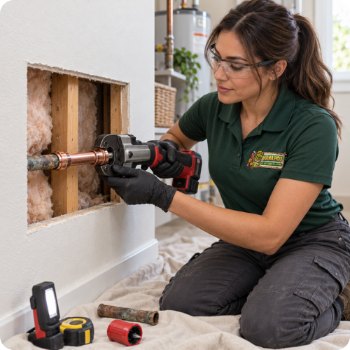 Hana Hou Home technician replacing a localized section of damaged copper pipe through a small wall-access opening.