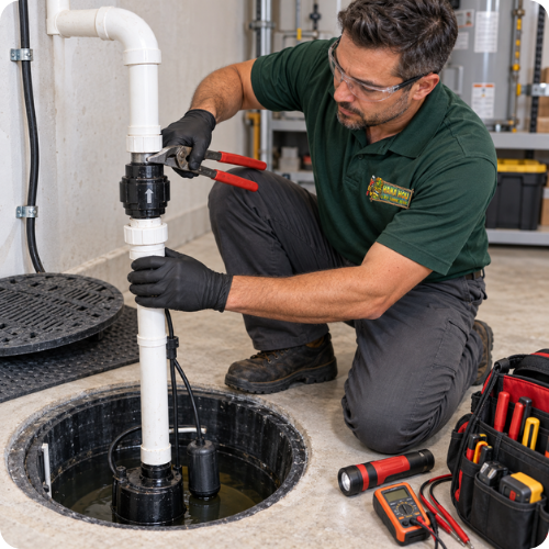 Hana Hou Home technician repairing a sump pump check valve and discharge pipe in a residential utility room.