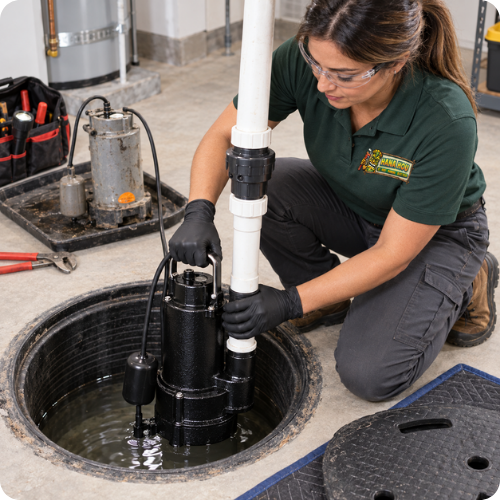 Hana Hou Home technician replacing an old sump pump with a new submersible pump in a residential utility room.