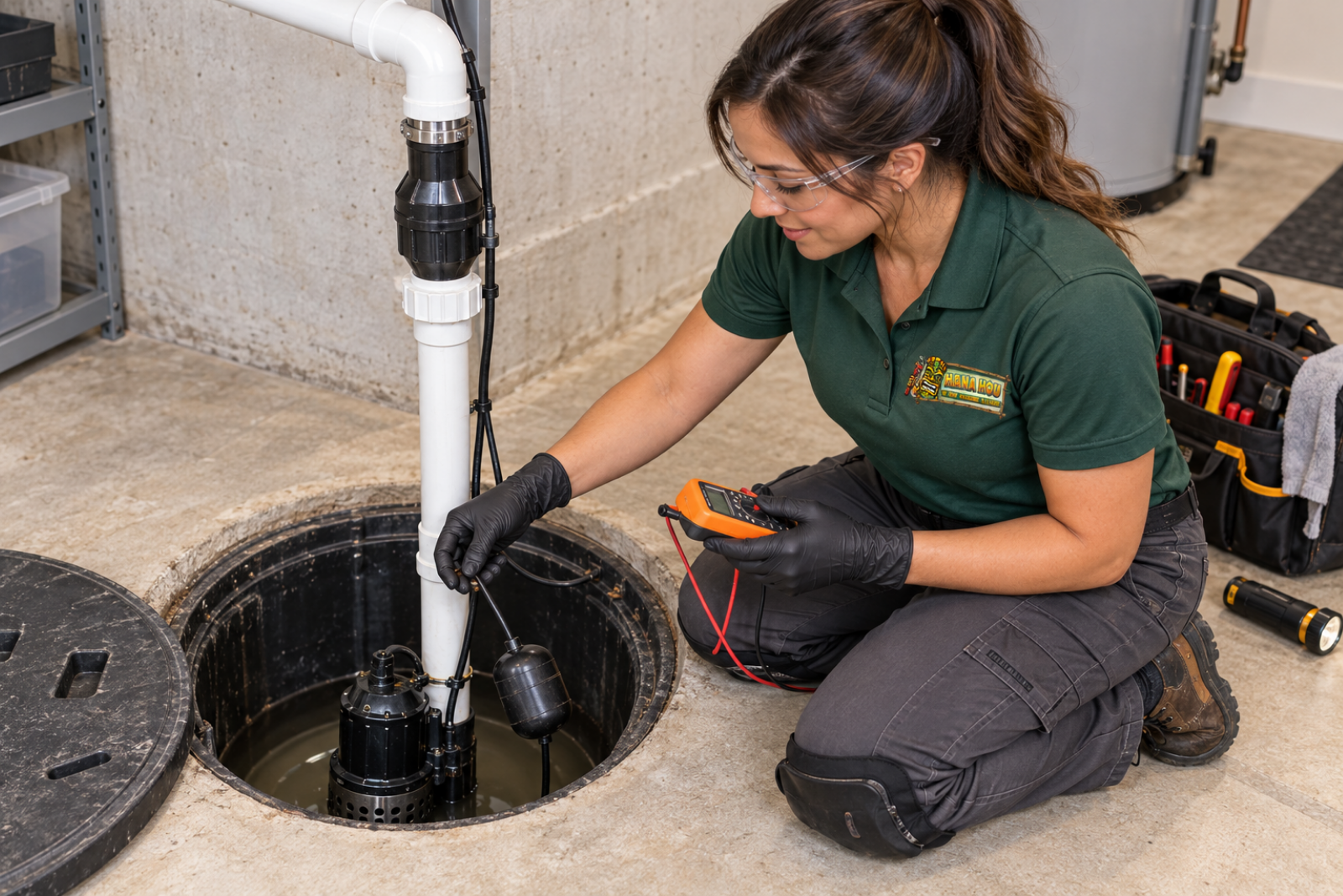 Sump pump service technician from Hana Hou Home inspecting a residential pump and float switch.
