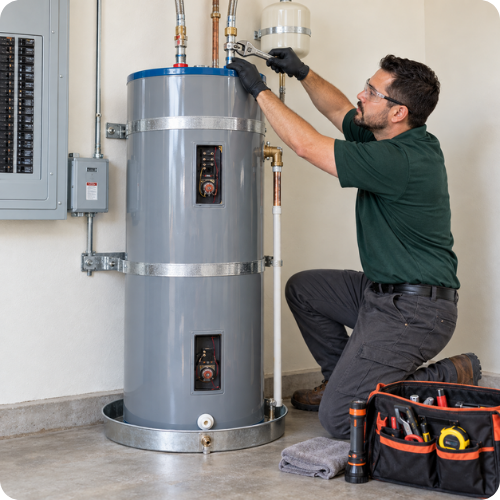 Hana Hou Home technician replacing an electric tank water heater with new supply connections and seismic straps.