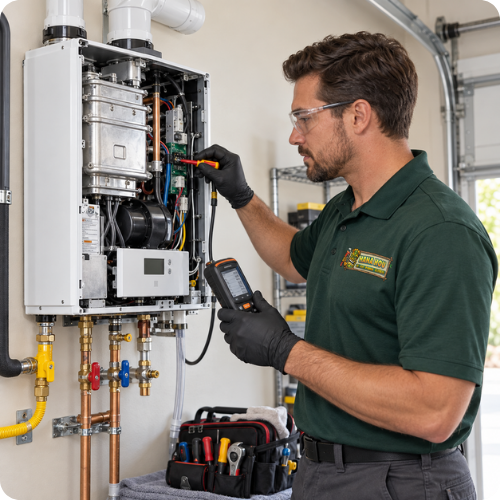Hana Hou Home technician installing and testing a wall-mounted tankless water heater in a Southern California home.