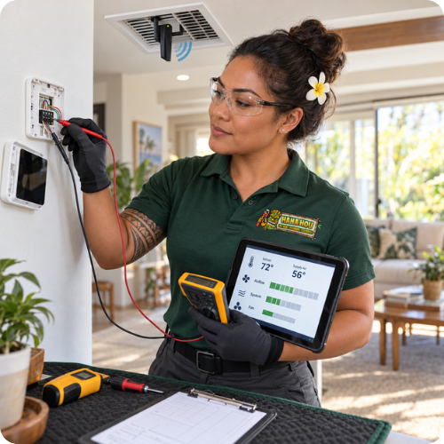 Thermostat and airflow diagnostics by a Hana Hou Home technician in an Orange County residence.
