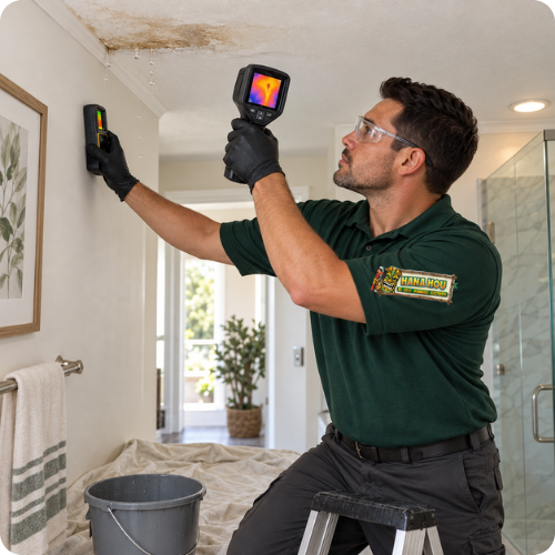 Hana Hou Home technician using thermal imaging and moisture-detection equipment to inspect a leaking ceiling.