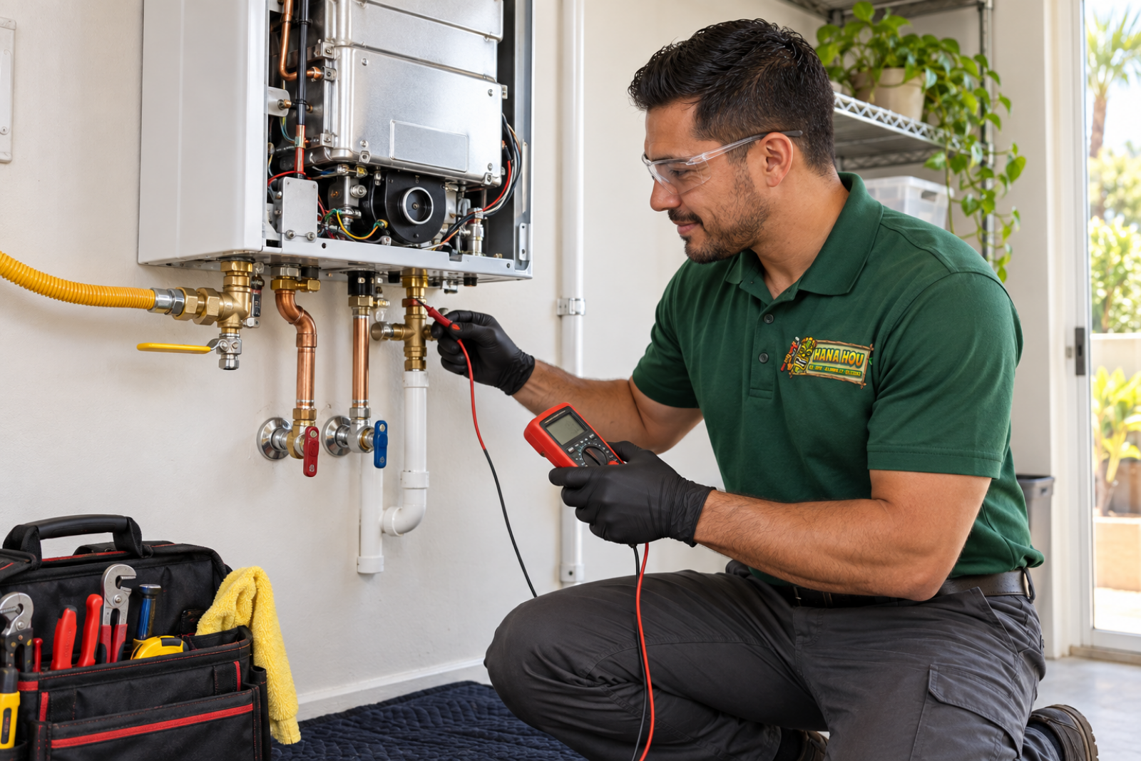 Hana Hou Home technician servicing a wall-mounted tankless water heater in an Orange County home.