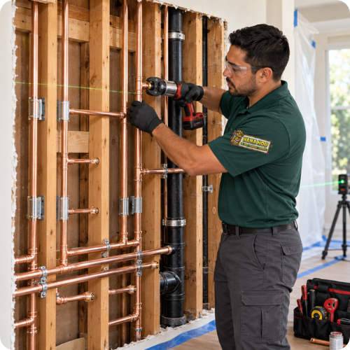 Hana Hou Home technician installing organized copper water lines during a whole-home repiping project.