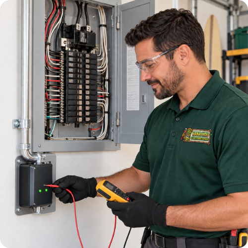 Hana Hou Home electrician testing a whole-home surge protector beside a residential electrical panel.