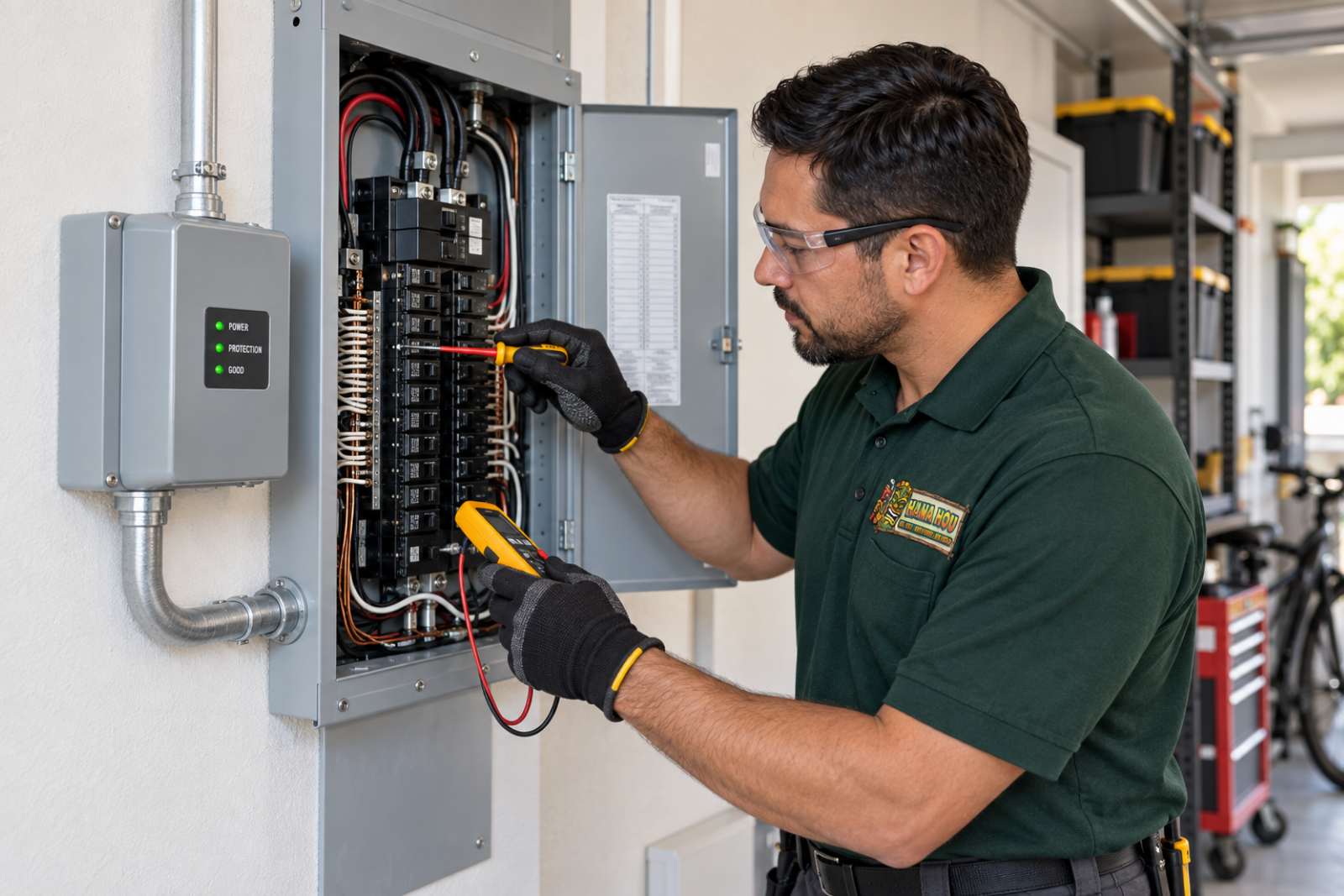 Hana Hou Home electrician installing a whole home surge protection device at a residential electrical panel.