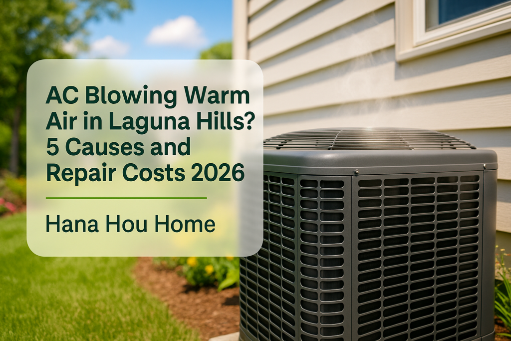 AC unit blowing warm air outside a clean home, representing Hana Hou Home in Laguna Hills.