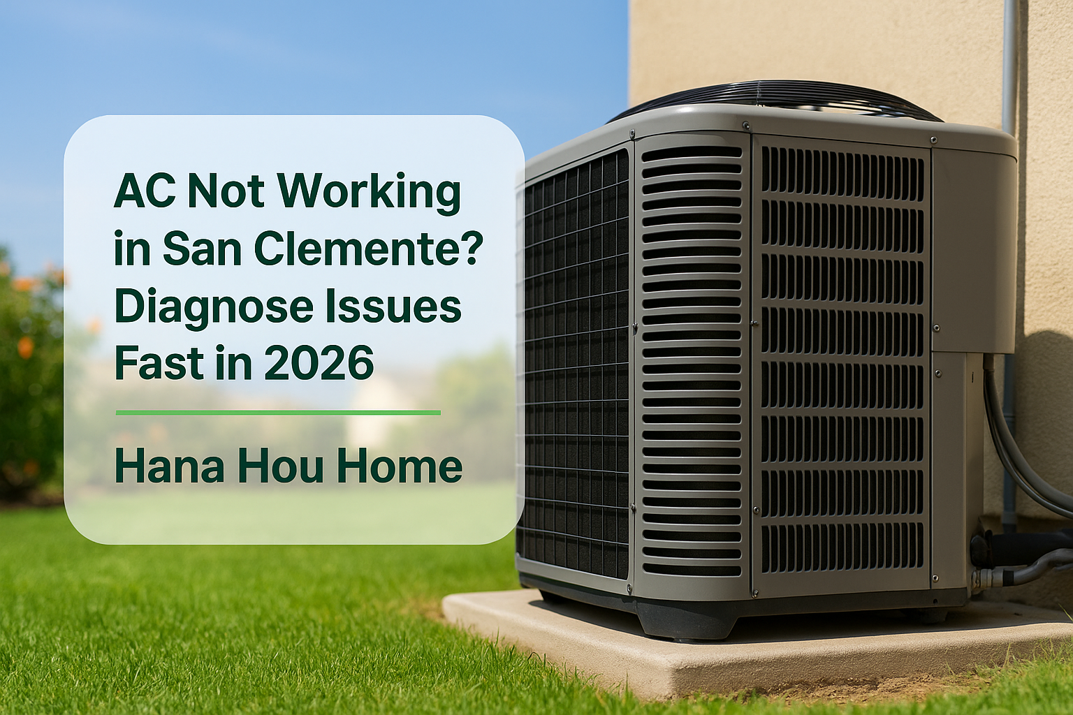 A residential air conditioning unit in a San Clemente backyard, illustrating issues related to AC not working for Hana Hou Home.