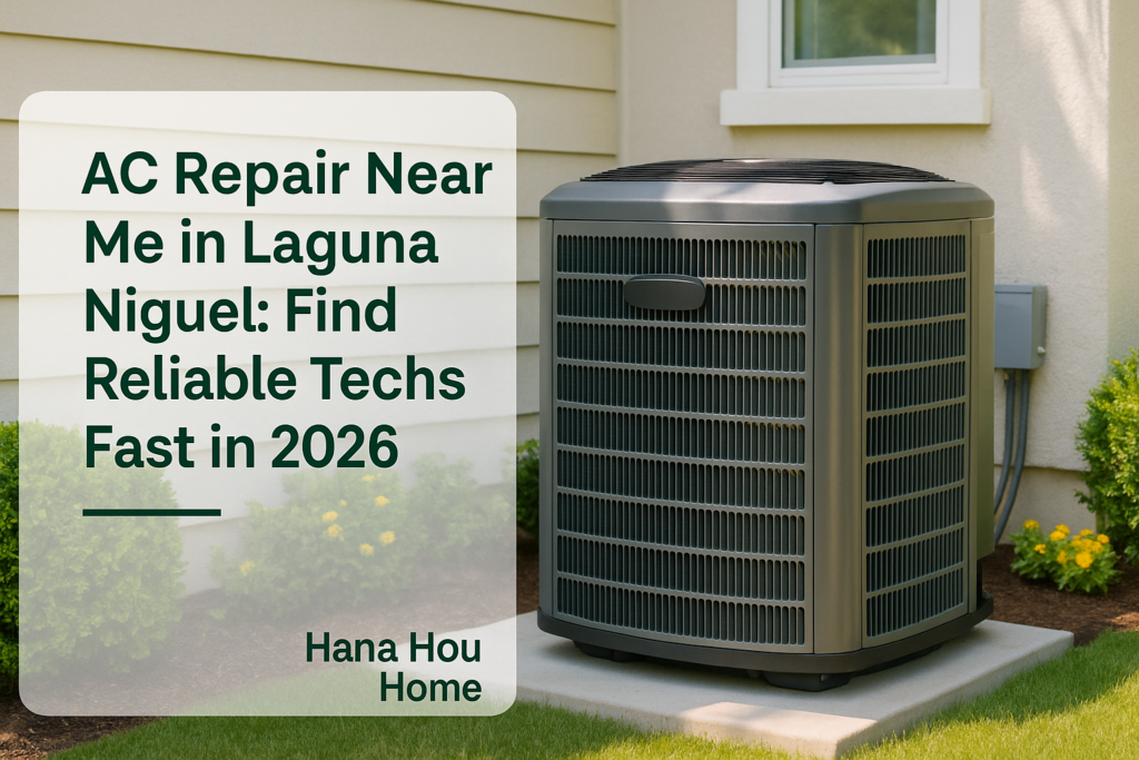 A modern AC unit installed outside a house in Laguna Niguel, representing Hana Hou Home's AC repair services.