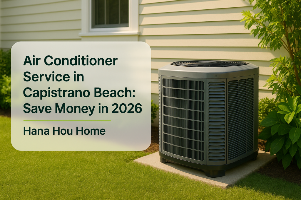 Modern air conditioner unit in a well-maintained home yard by Hana Hou Home in Capistrano Beach.