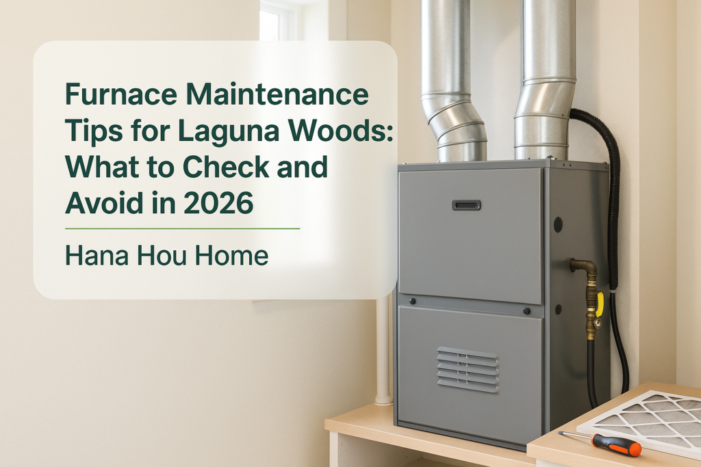 Residential furnace in a clean utility room, emphasizing furnace maintenance by Hana Hou Home in Laguna Woods.