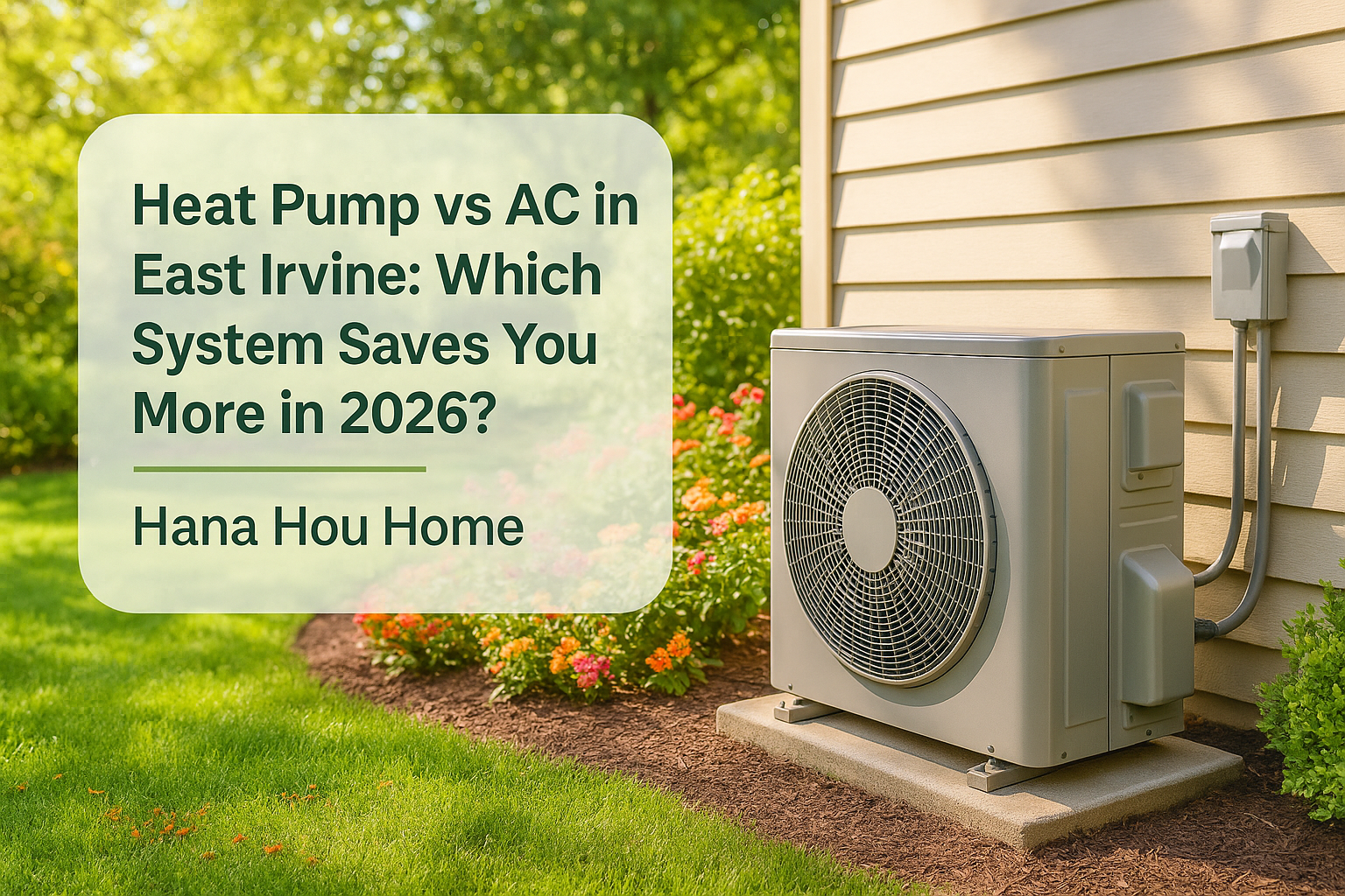 Hana Hou Home heat pump in a sunny East Irvine backyard with lush greenery.
