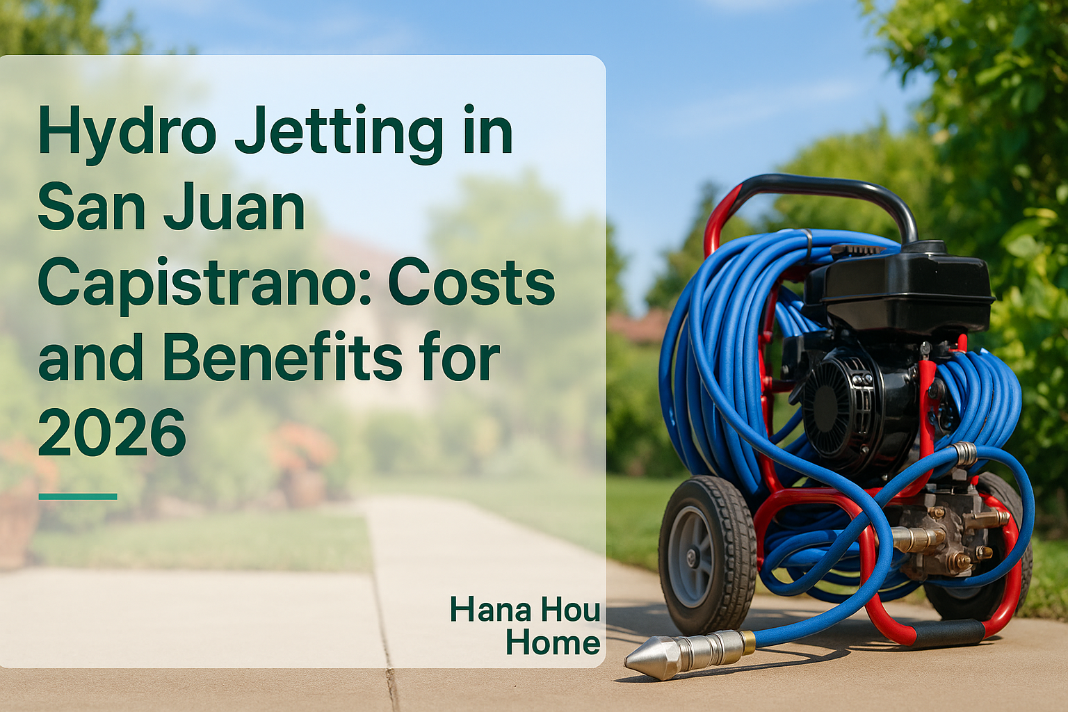 Hydro jetting equipment in a residential backyard, showcasing Hana Hou Home's hydro jetting service in San Juan Capistrano.