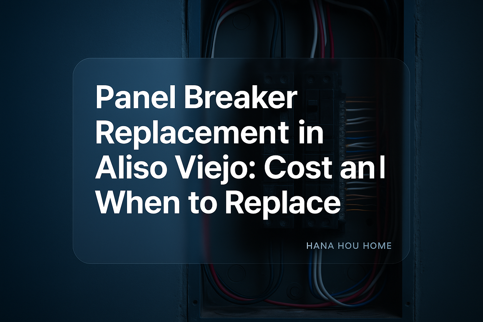 Typography design for panel breaker replacement by Hana Hou Home. Bold text on a dimmed electrical panel background.