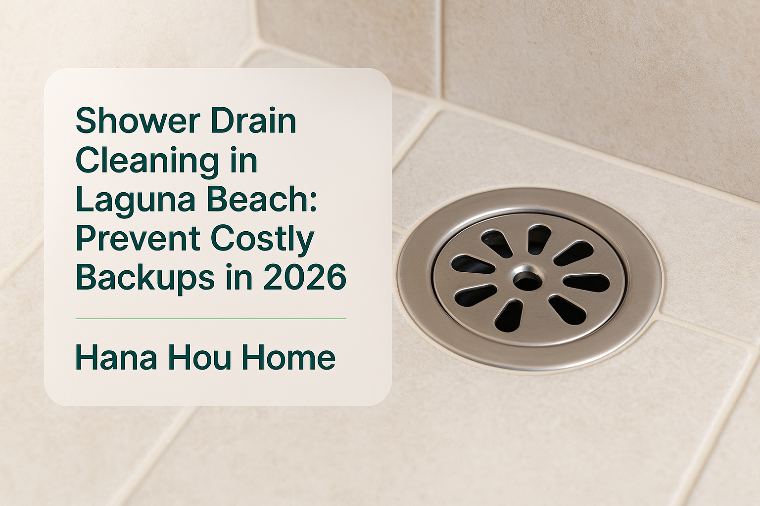 Shiny stainless steel shower drain illustrating shower drain cleaning by Hana Hou Home in a bright bathroom.