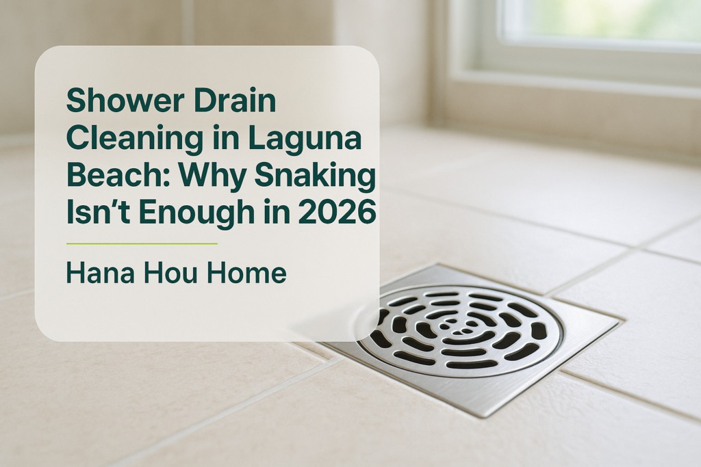 A clean shower drain in a modern Laguna Beach bathroom, emphasizing shower drain cleaning by Hana Hou Home.