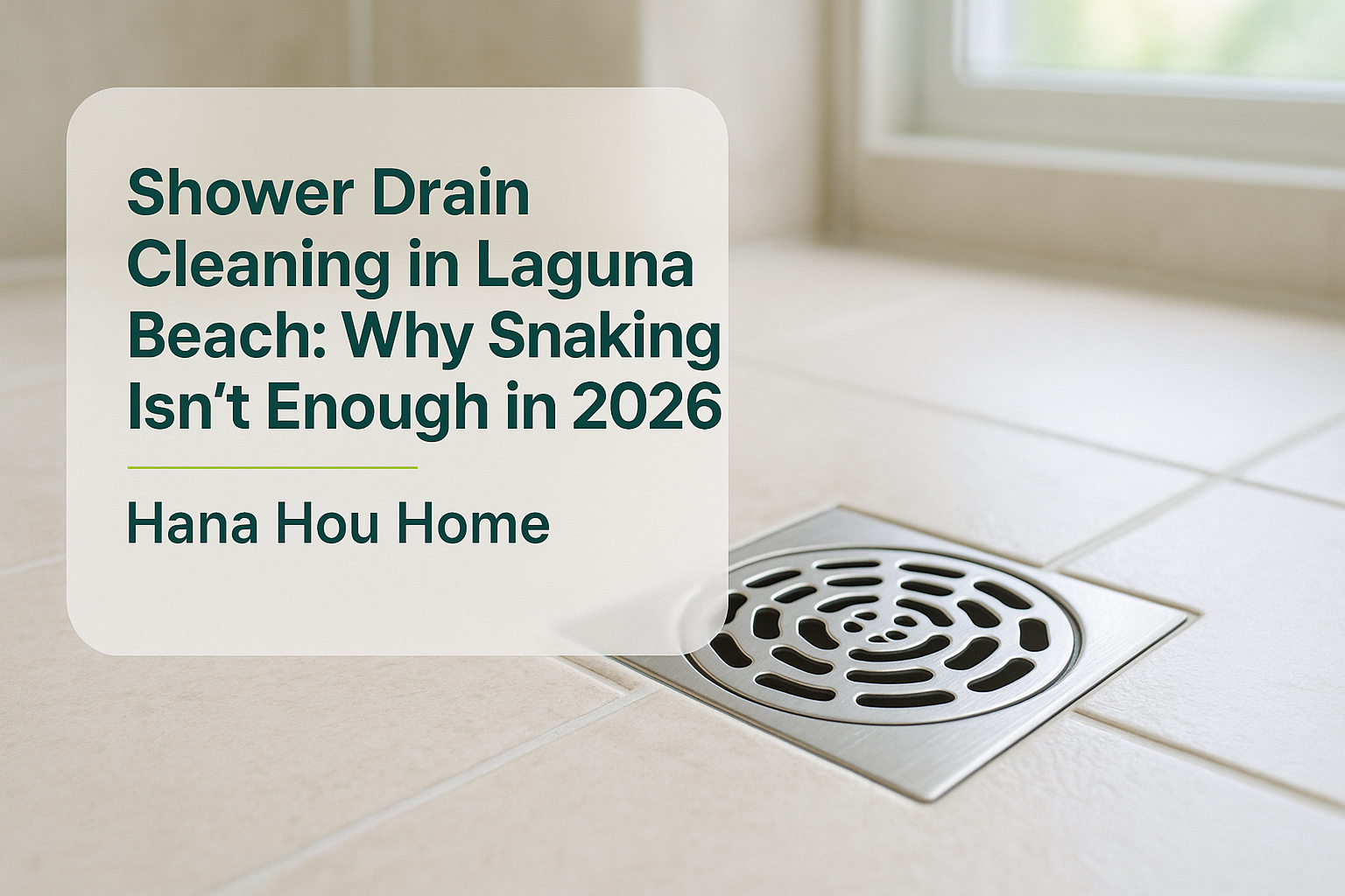A clean shower drain in a modern Laguna Beach bathroom, emphasizing shower drain cleaning by Hana Hou Home.