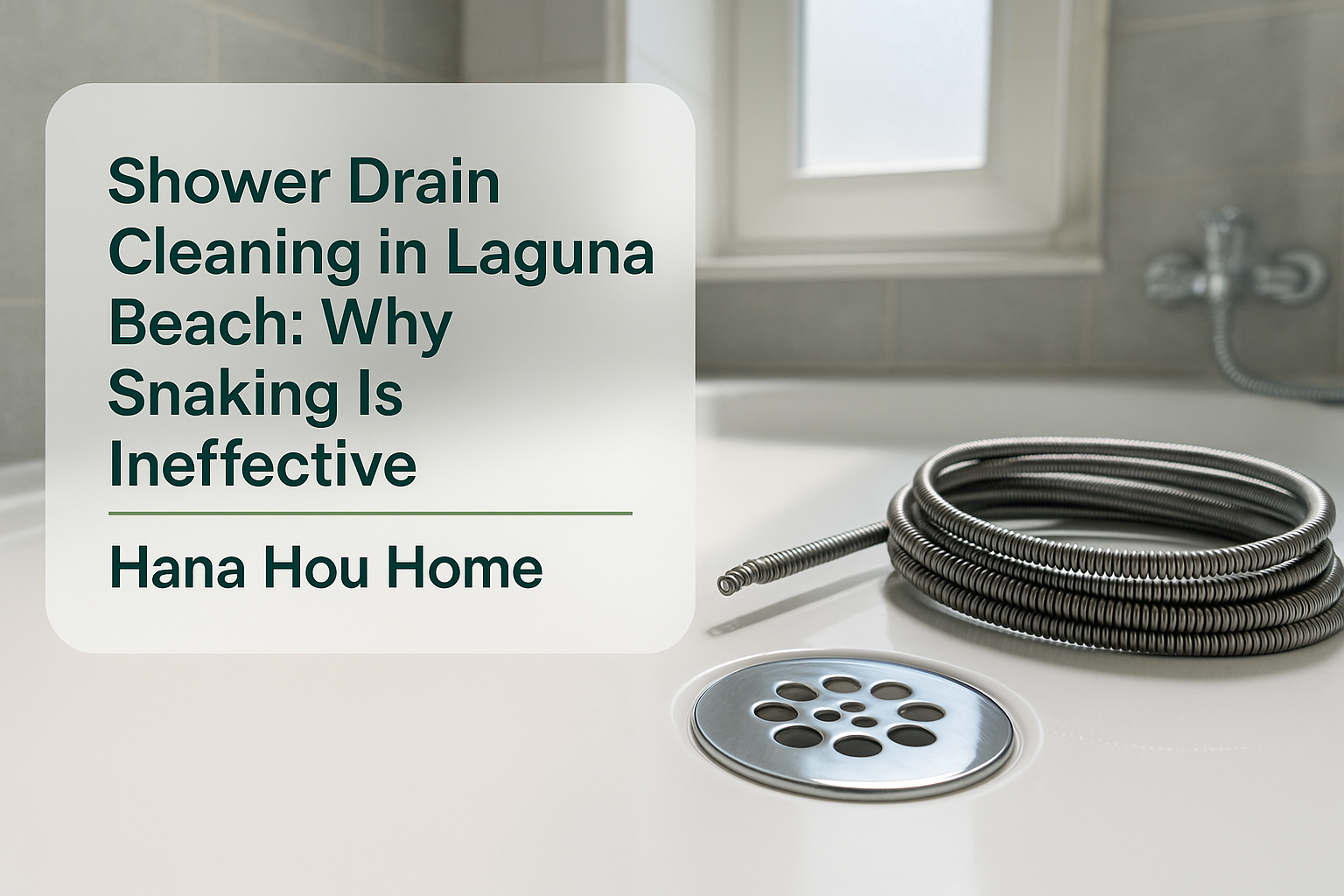Shower drain cleaning scene showing a drain snake and clean shower drain in a Hana Hou Home bathroom.