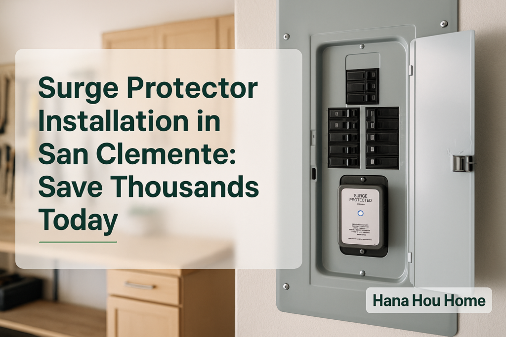 Hana Hou Home's electrical panel with surge protector installation in a clean San Clemente garage.