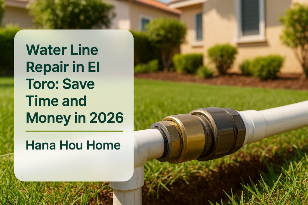 A water line repair showing pipes and connectors in a residential backyard by Hana Hou Home.