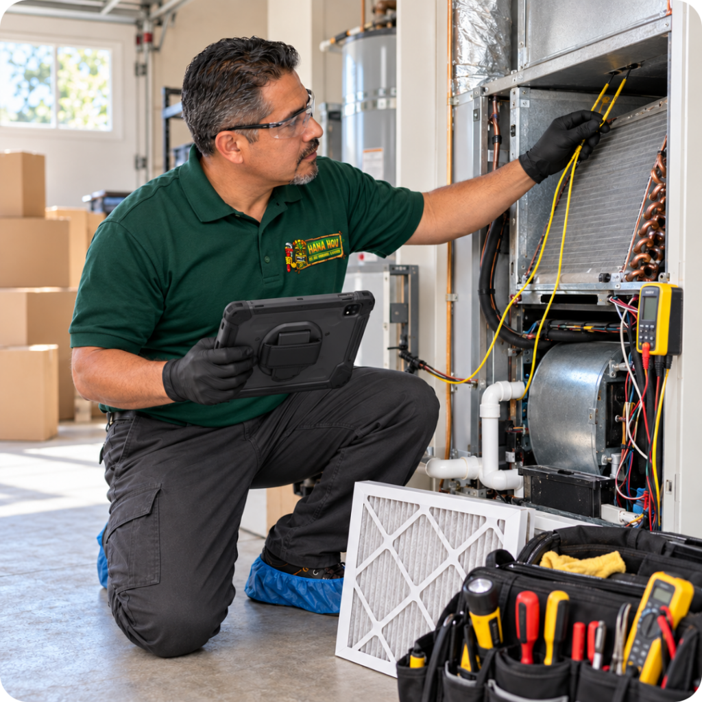 Hana Hou HVAC technician inspecting an indoor air conditioning system for a new homeowner.