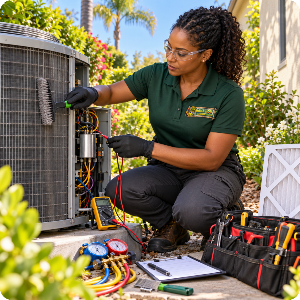 Hana Hou HVAC technician cleaning and testing an outdoor air conditioner before summer.