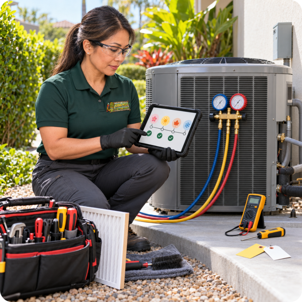 Hana Hou HVAC technician reviewing a seasonal AC maintenance schedule beside an outdoor cooling system.