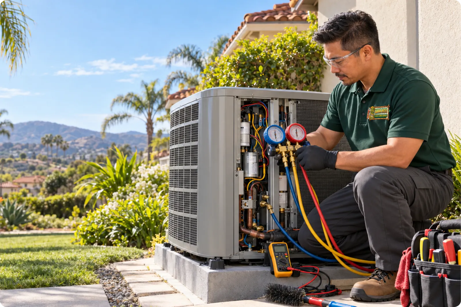 Hana Hou HVAC technician performing an AC tune up on an outdoor air conditioning system in Southern California.