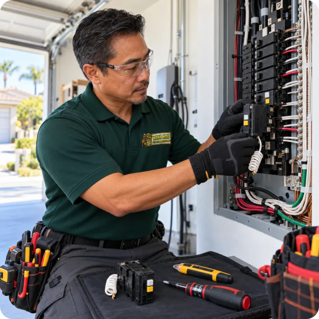 Hana Hou Home electrician installing protective AFCI and GFCI breakers in a residential electrical panel.