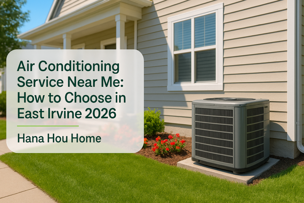 Modern air conditioning unit at a residential home in East Irvine, representing air conditioning service near me by Hana Hou Home.