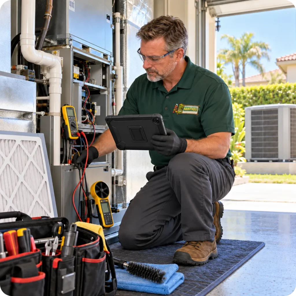 Hana Hou Home HVAC technician documenting annual heating and cooling maintenance on a digital checklist.