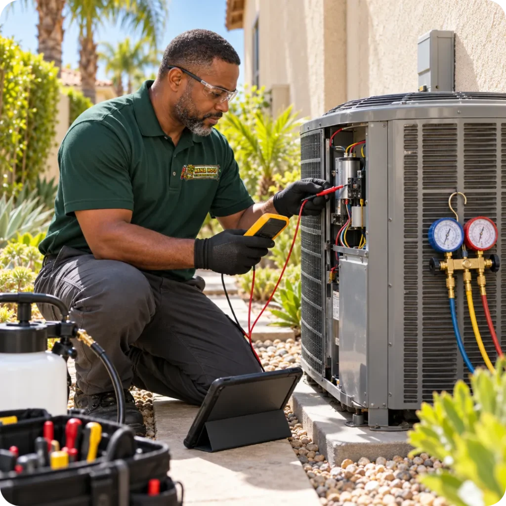 Hana Hou Home technician testing electrical components during residential central AC maintenance.